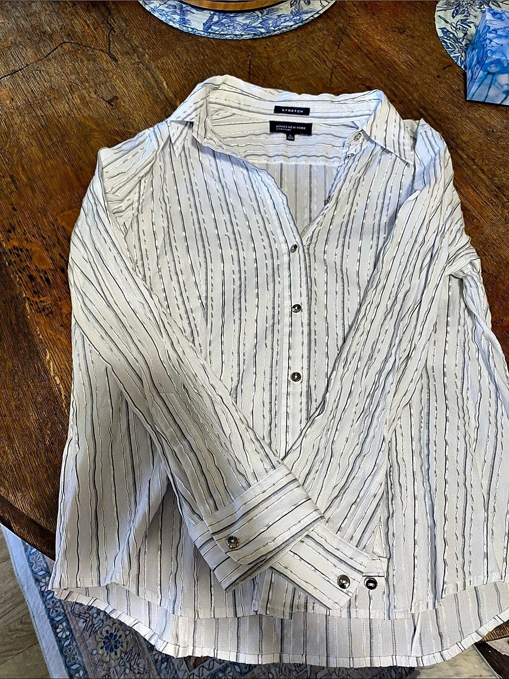 Jones New York Striped Button Down Top in White & Gray